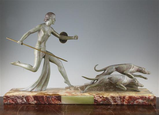 A French Art Deco patinated metal model of Diana the huntress, 18in.